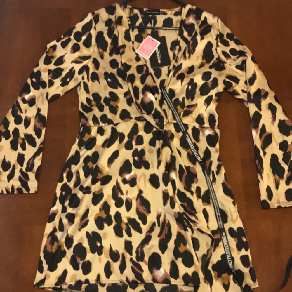 Leopard Print Satin Long Sleeve Wrap Dress